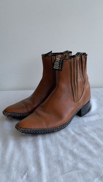 Pre-Owned Duran Cognac Pointy Toe Pull Tab Booties - Size 7 (Estimated)