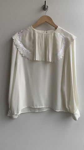 Pre-Owned Rachael Ivory Sheer Long Sleeve Blouse with Pleated Neckline - Size Large (Estimated)