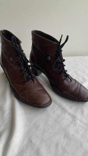 Pre-Owned Josef Siebel Dark Brown Leather Heeled Lace Up Booties - Size 37