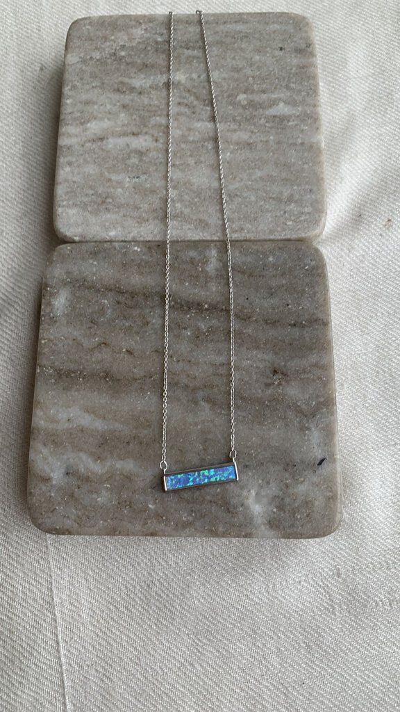 Pre-Owned Silver Necklace w/ Iridescent Blue Rectangular Pendant