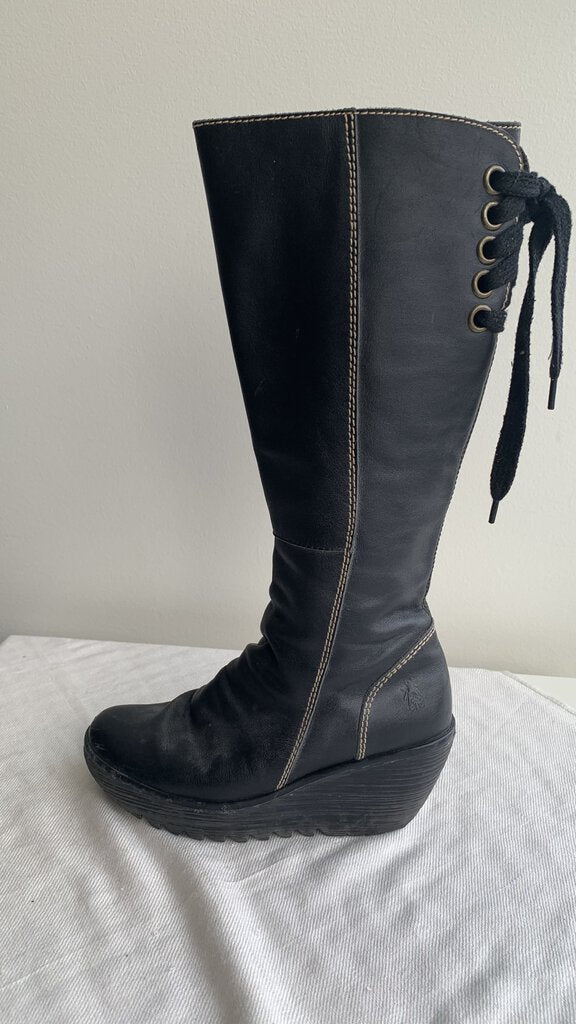 Pre-Owned Fly London Black Calf Length Lace Back Wedge Boots - Size 37