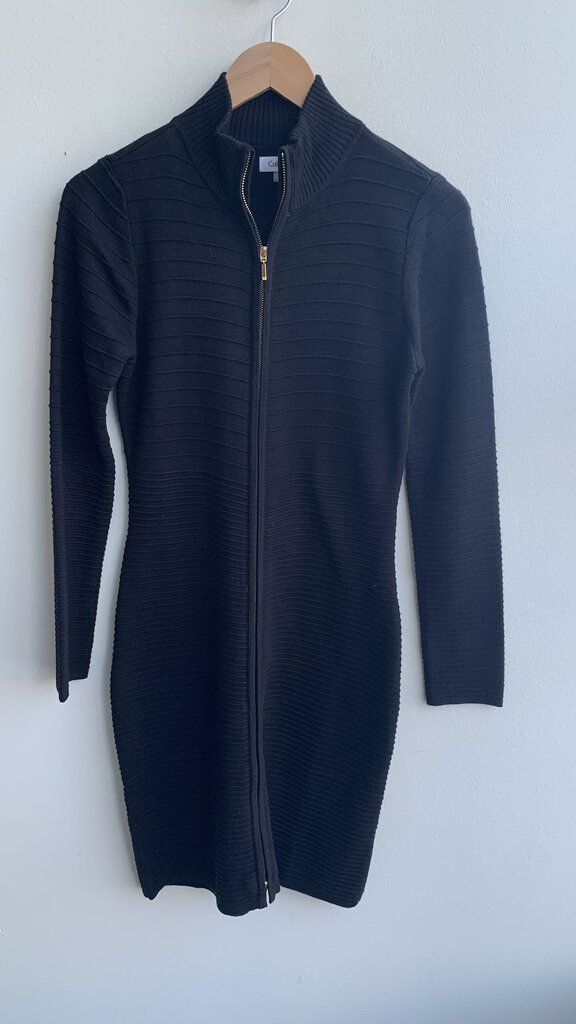 Pre-Owned Calvin Klein Black Ribbed Knit Zip Front Long Sleeve Dress - Size Small