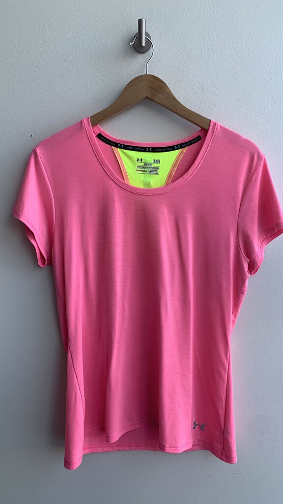 Pre-Owned Under Armour Bright Pink Athletic Tee w/ Neon Yellow Back - Size Large