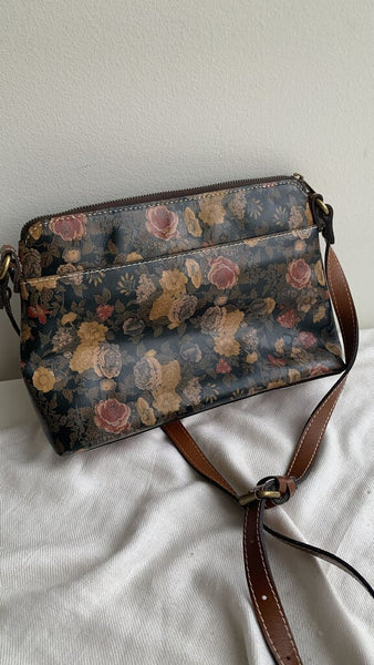 Pre-Owned Patricia Nash Black/Brown Floral Print Leather Crossbody