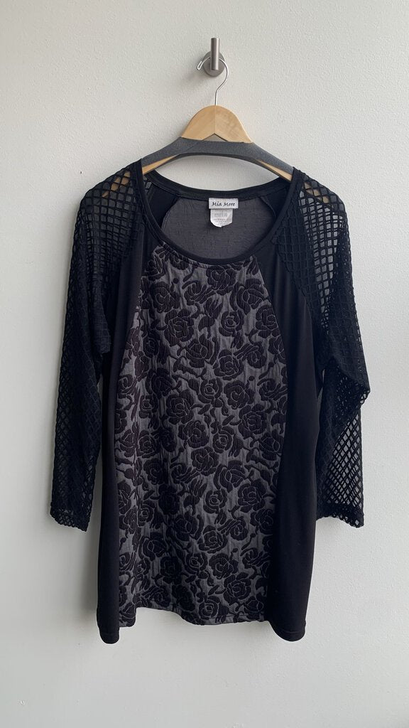 Pre-Owned Mia More Black Textured Rose Print Mesh Sleeve Tunic - Size 1X