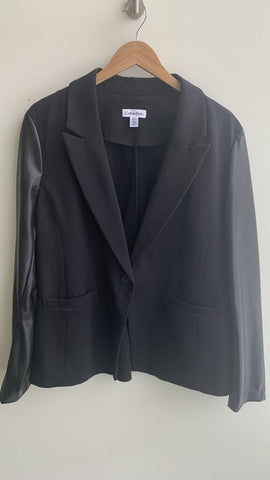 Pre-Owned Calvin Klein Black Knit Blazer w/ Faux Leather Sleeves - Size X-Large