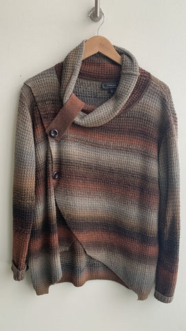 Pre-Owned Minkas Grey/Brown Stripe Side Button Cowl Neck Sweater - Size Small