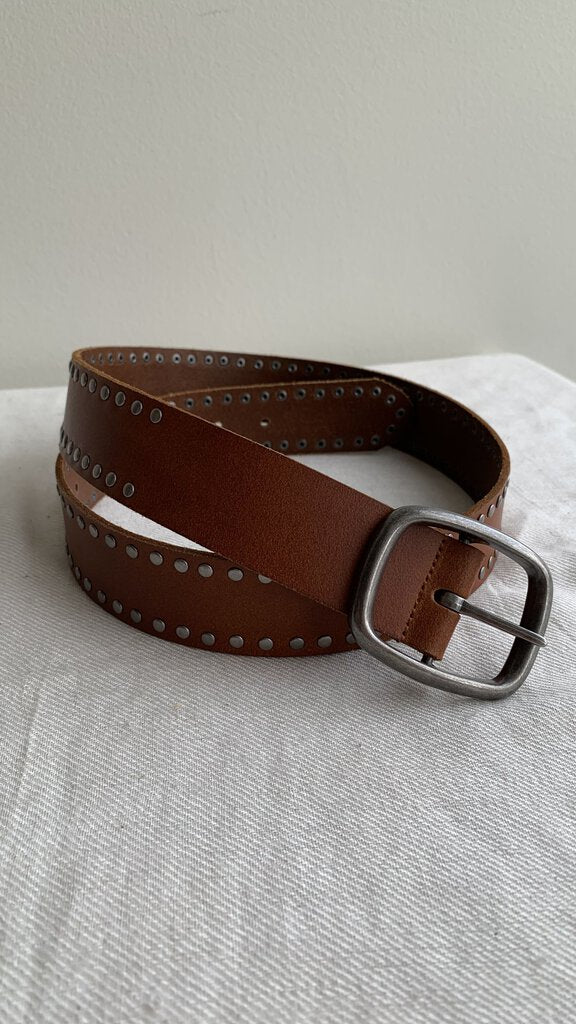 Pre-Owned Brown Leather Silver Studded Belt - Size Medium