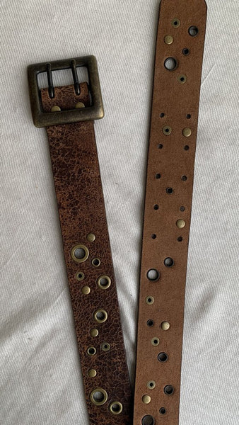 Pre-Owned Dark Brown Distressed Leather Holey Belt - Size 34