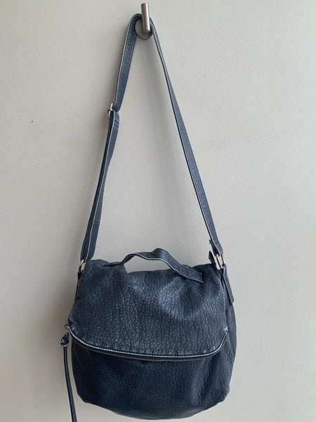 Pre-Owned Co-Lab Dark Blue Foldover Faux Pebbled Leather Crossbody/Handbag