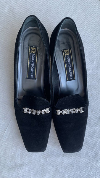 Pre-Owned Roberto Capucci Black Suede Rhinestone Detail Square Toe Heels - Size 9.5