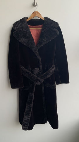 Pre-Owned Borgazia Vintage Dark Brown Faux Fur Belted Long Coat - Size Small (Estimated)