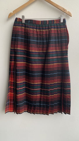 Pre-Owned Highland Queen Vintage Red Plaid Pleated Wool Skirt - Size 12