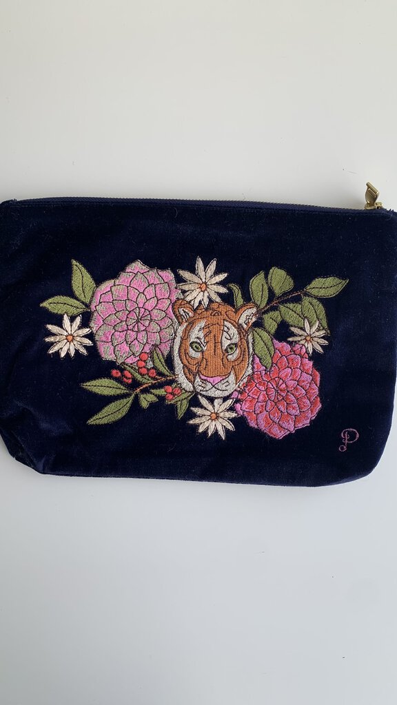 Pre-Owned Powder Navy Cosmetic Bag Tiger Floral Embroidered