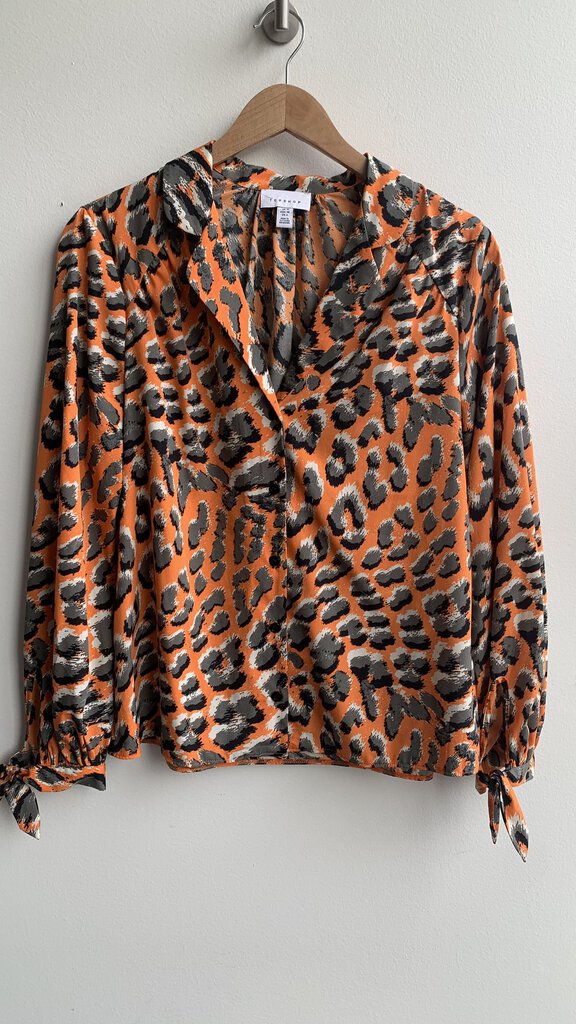 Pre-Owned Topshop Orange Leopard Print Long Sleeve Blouse- Size 6