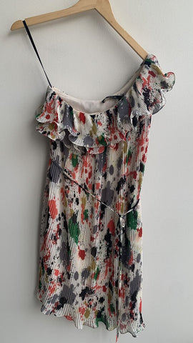 Pre-Owned Ark & Co Cream Paint Splatter One Shoulder Dress - Size Small