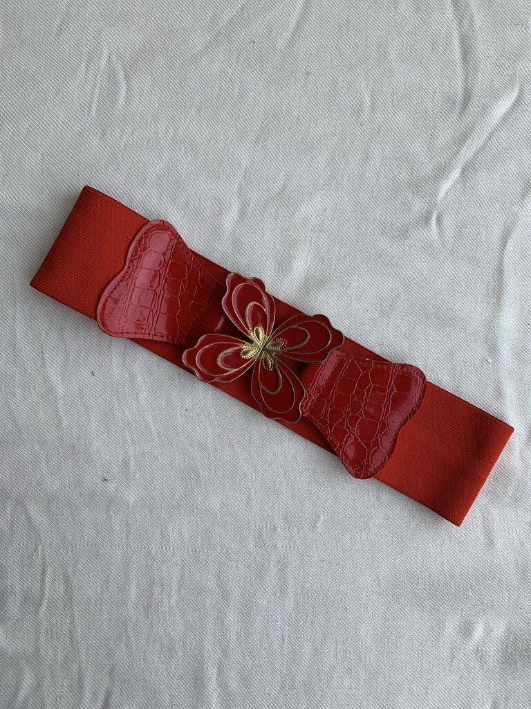 Pre-Owned Red Floral Metal Buckle Stretch Belt