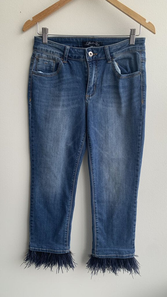 Pre-Owned Charlie B Dark Wash Feather Hem Jeans - Size 8