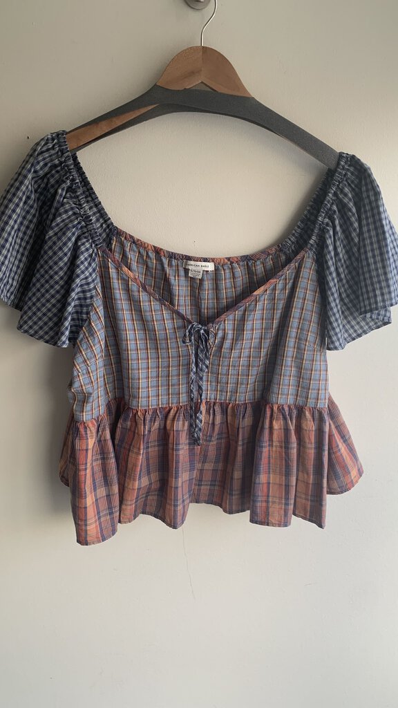 Pre-Owned American Eagle Red/Blue Patchwork Plaid Blouse- Size X-Large