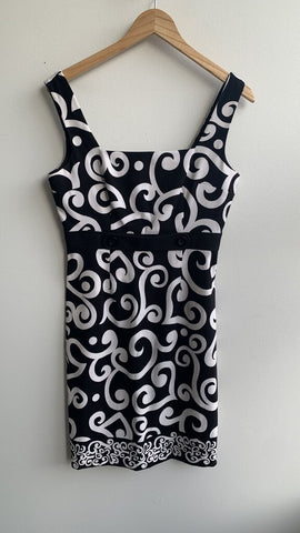 London Times Black with White Swirl Pattern Sleeveless Empire Wasite Sheath Dress - Size 8