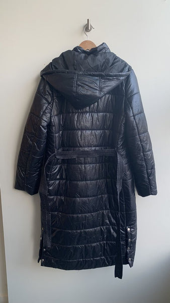 Pre-Owned Just Fab Black Hooded Longline Belted Puffer Coat- Size X-Large