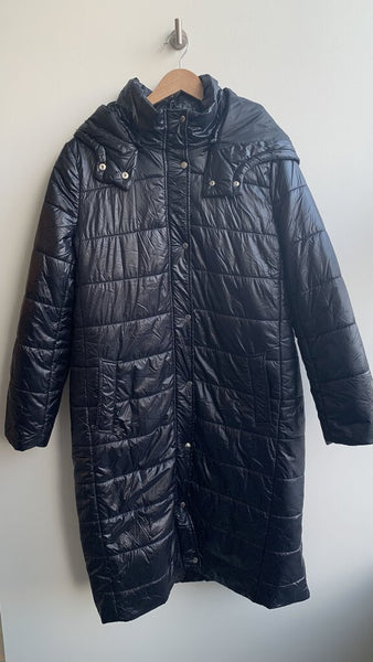 Pre-Owned Just Fab Black Hooded Longline Belted Puffer Coat- Size X-Large