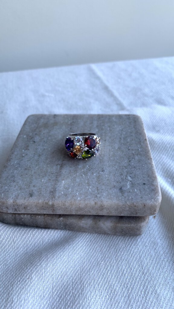 Pre-Owned Silver Banded Multi Coloured Stones Insert Ring