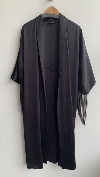 Pre-Owned Topshop Black Fringe Detail Duster Jacket - Size 6