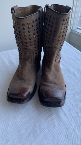 Pre-Owned John Fluevog Brown Studded Square Toe Boots - Size 7