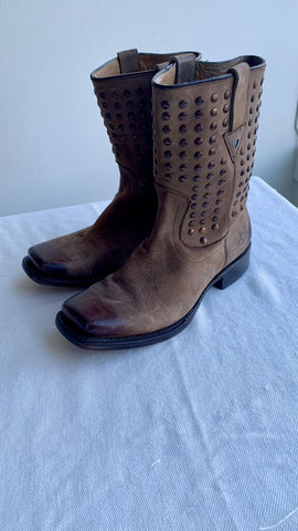 Pre-Owned John Fluevog Brown Studded Square Toe Boots - Size 7