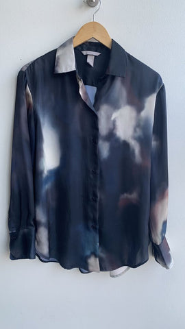 Pre-Owned H&M Dark Watercolour Print Long Sleeve Blouse - Size X-Small