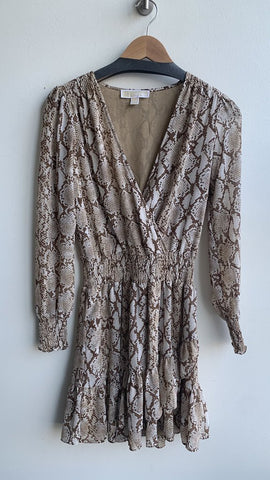 Pre-Owned Michael Kors Brown Snake Skin Print Long Sleeve Ruffle Dress- Size X-Small