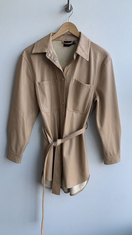 Pre-Owned Vero Moda Tan Faux Leather Button Up Belted Jacket- Size Medium