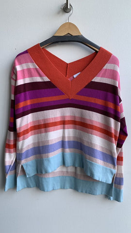 Pre-Owned Cabi Multi Striped V-Neck Hi Low Sweater- Size Small