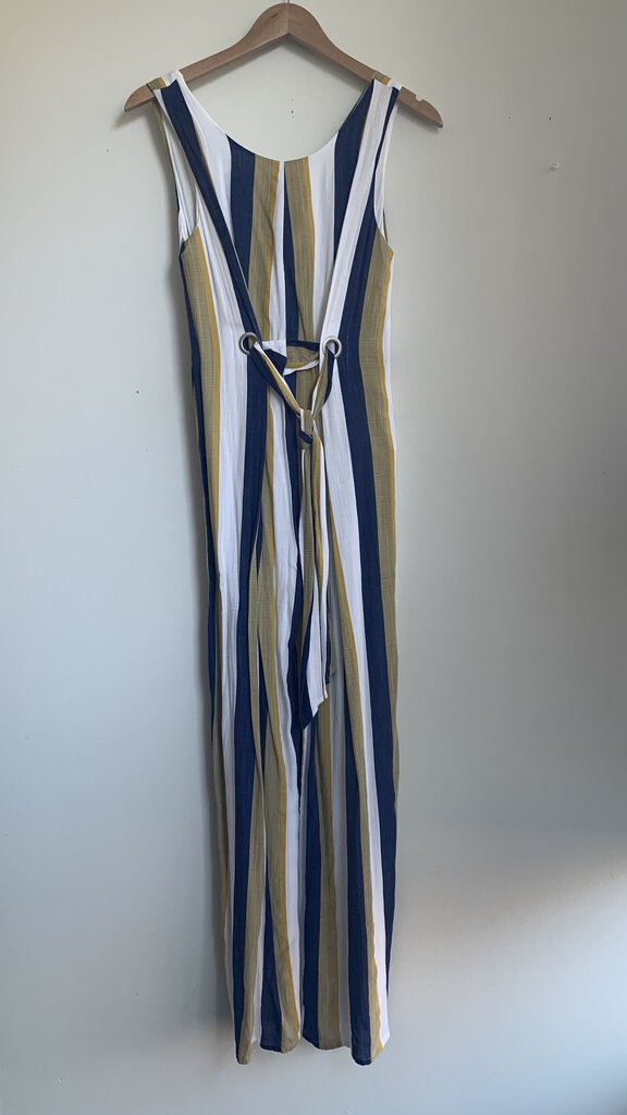 Pre-Owned MPC Navy/Mustard Stripe Wide Leg Jumpsuit - Size Small