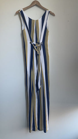 Pre-Owned MPC Navy/Mustard Stripe Wide Leg Jumpsuit - Size Small