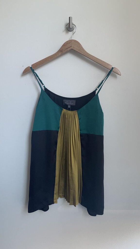 Pre-Owned PJK Patterson J Kincaid Black/Green/Mustard Thin Strap Pleated Satin Top - Size Small