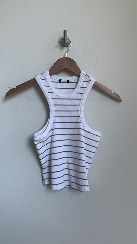 Pre-Owned White/Olive Stripe High Neck Sleevless Crop Top - Size Small (Estimated)