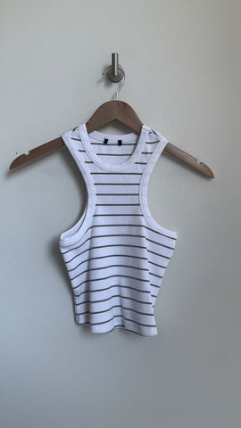 Pre-Owned White/Olive Stripe High Neck Sleevless Crop Top - Size Small (Estimated)