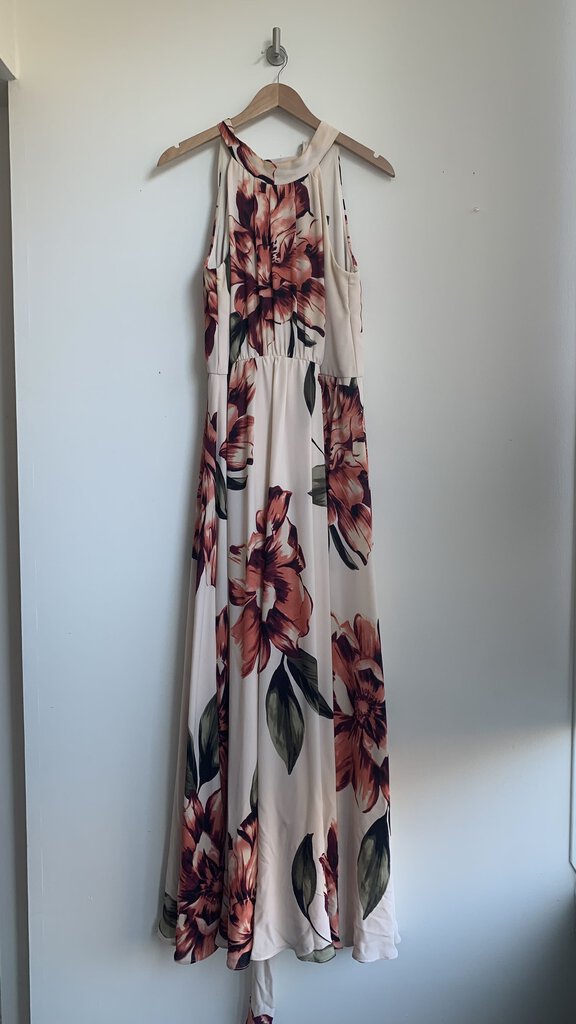 Pre-Owned Le Chateau Cream Floral High Neck Maxi Dress - Size X-Large