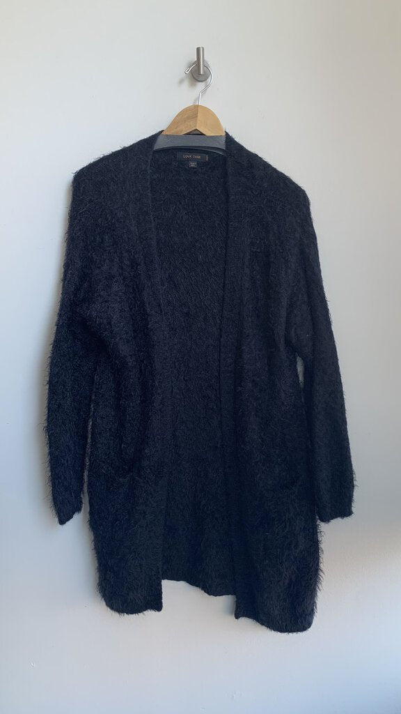 Pre-Owned Love Tree Black Eyelash Knit Knee-Length Cardigan - Size Medium