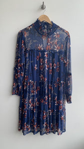 Pre-Owned Kate and Lily Navy Floral Sheer Long Sleeve Mock Neck Tiered Dress- Size 12