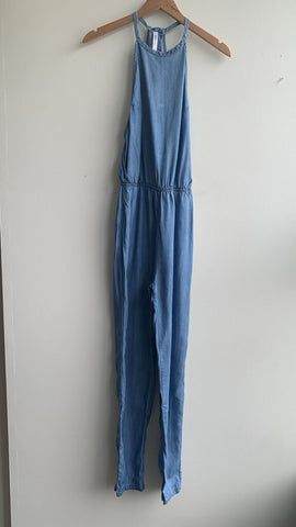 Pre-Owned RVCA Blue Denim High Neck Keyhole Back Cinch Waist Jumpsuit- Size Medium