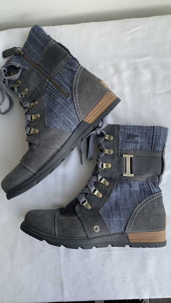 Pre-Owned Sorel Grey/Denim Side Zipper Lace Up Boots- Size 7.5