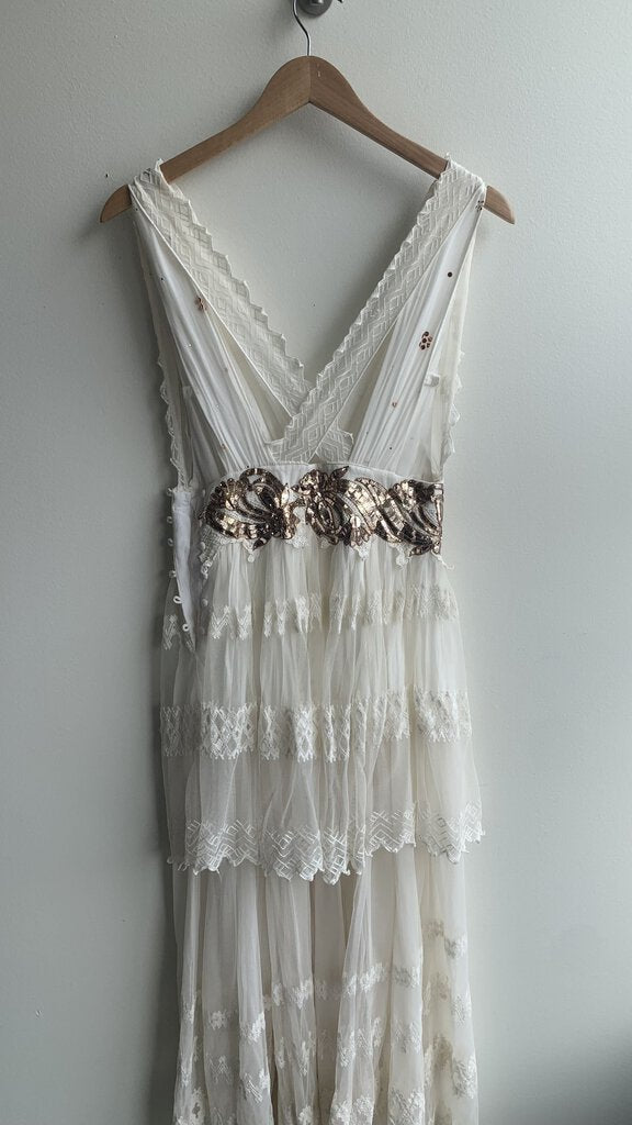 Pre-Owned Free People White Lace Gold Sequin Waist Tiered Maxi Dress- Size 6