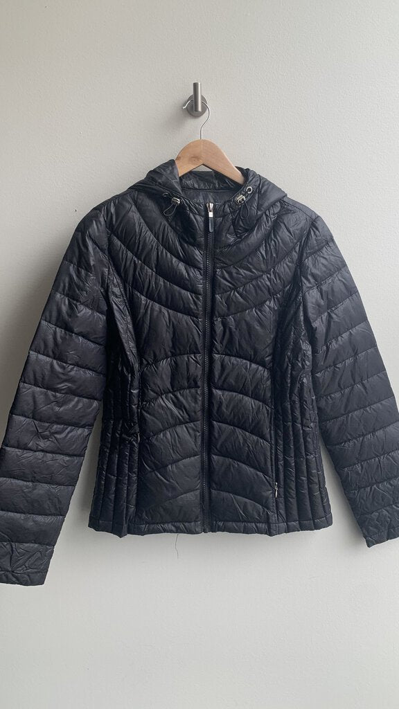 Pre-Owned Andrew Mark Black Quilted Hooded Packable Down Jacket - Size Small