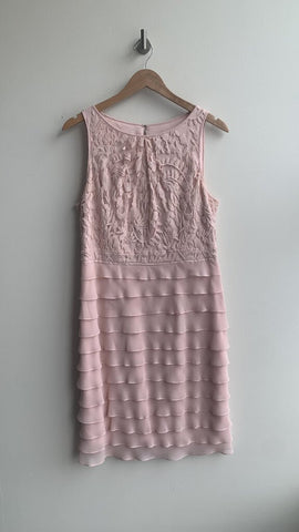 Pre-Owned Adrianna Papell Pink Sleeveless Lace Fitted Ruffle Dress- Size 12