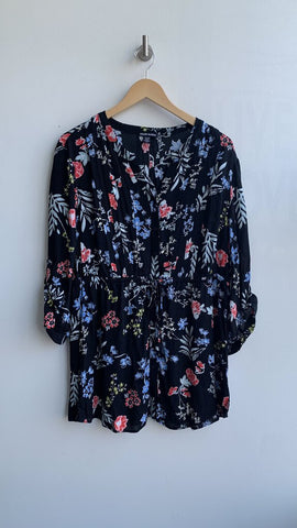 Pre-Owned Hilary Radley Black Floral 3/4 Sleeve Button Up Cinch Waist Blouse- Size X-Large