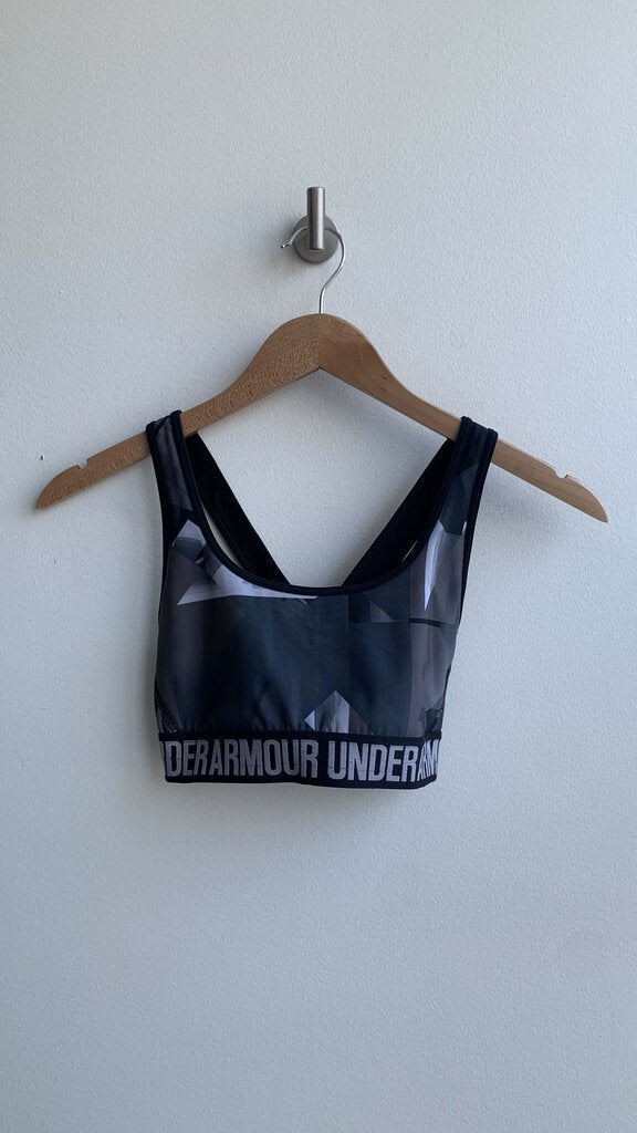 Pre-Owned Under Armour Black/Grey Abstract Print Sports Bra- Size Small (Estimated)