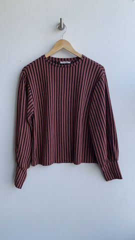 Pre-Owned Zara Trafaluc Red/Black Striped Long Balloon Sleeve Top- Size Medium